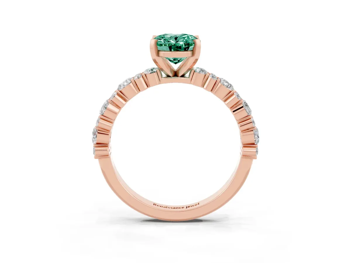 Oval Cut Green Sapphire Side Stone Solitaire Ring with Round and Four-Prong Setting Rose gold