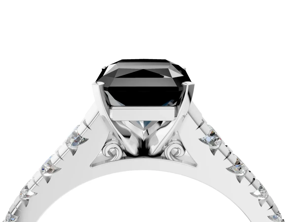 Fancy Black Radiant Cut Diamond Cathedral Solitaire Ring with Round Pavé Band Silver