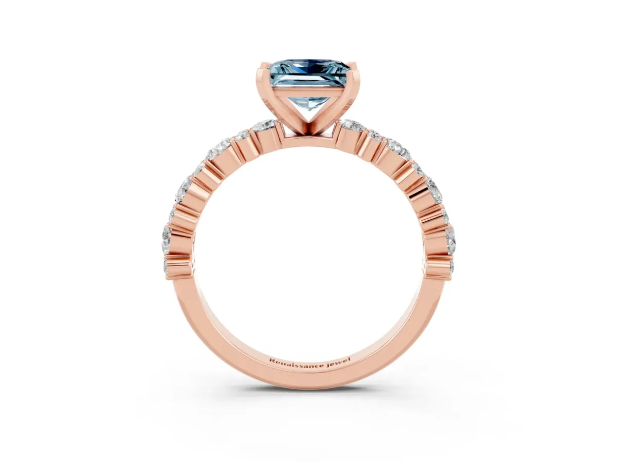 Princess Cut Aquamarine Side Stone Solitaire Ring with Round and Four-Prong Setting Rose gold