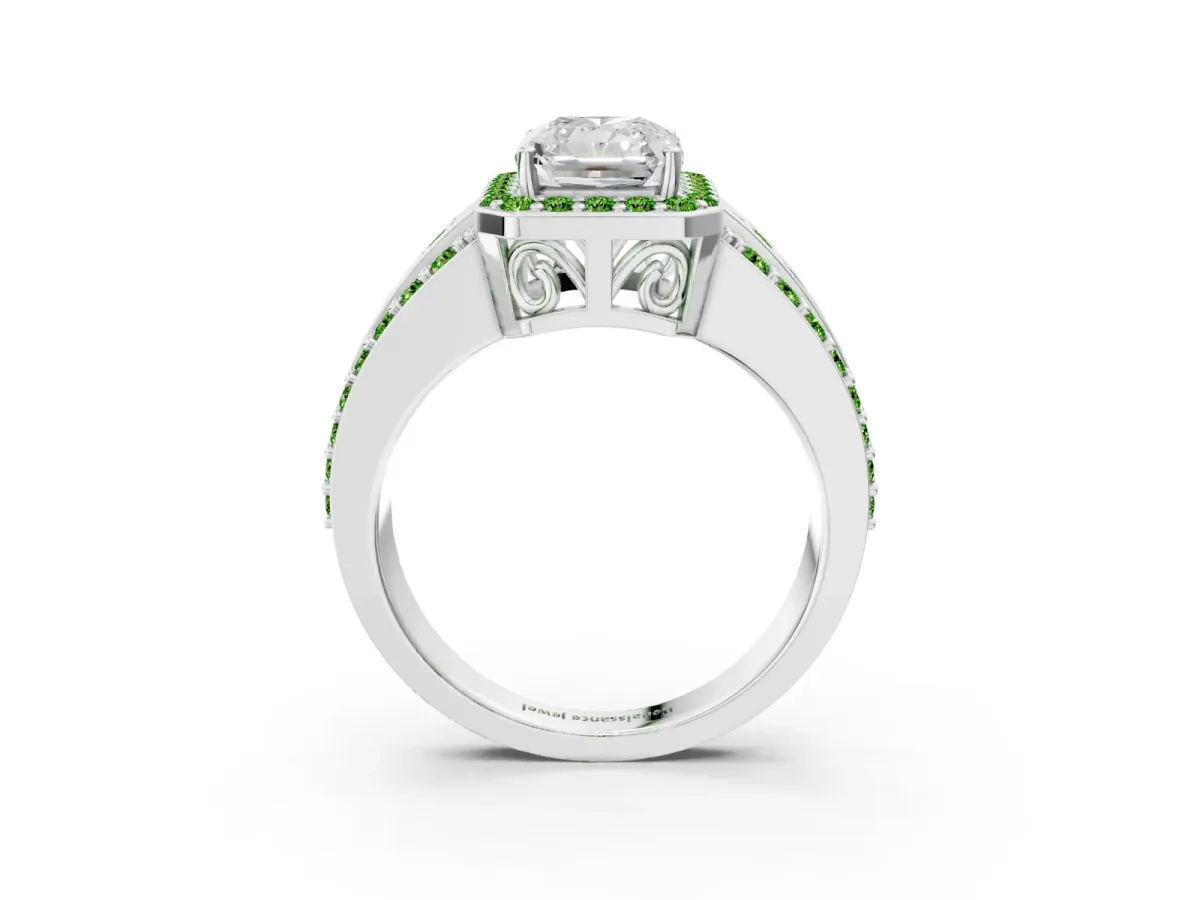 Radiant Cut Halo Diamond Ring with Round Peridot Split Shank and Prong Setting Silver