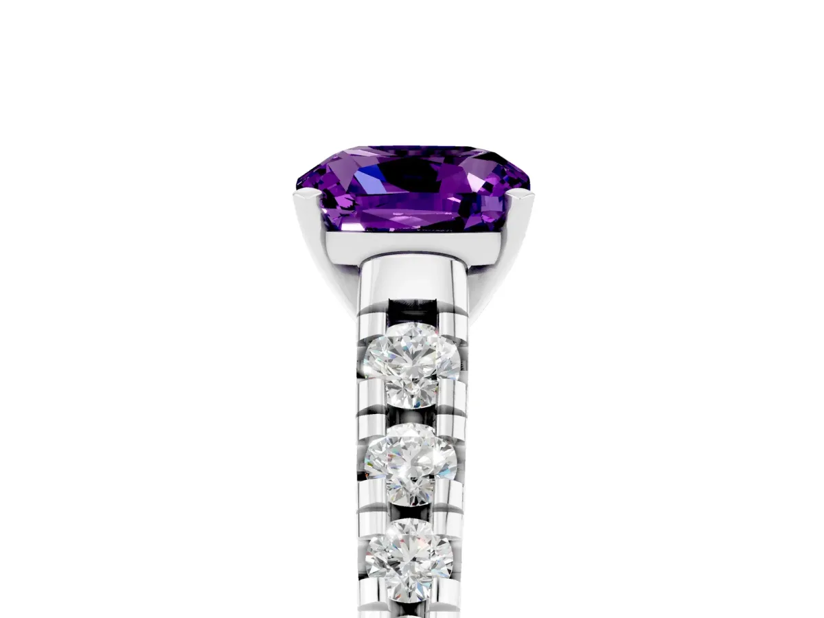 Cushion Cut Amethyst Cathedral Solitaire Ring with Round Pavé Band Silver