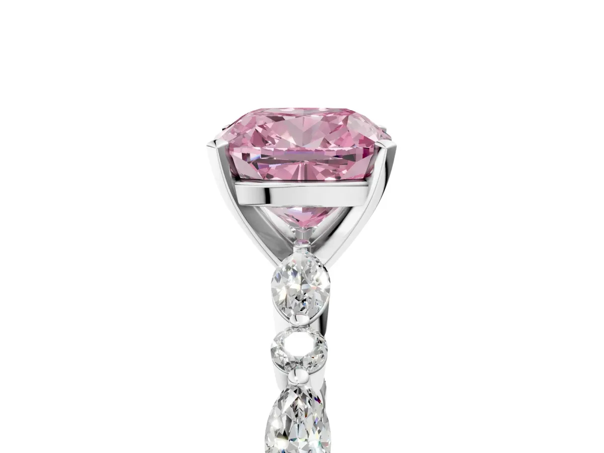 Fancy Pink Cushion Cut Diamond Ring with Marquise and Round Side Stones and Four-Prong Setting Silver