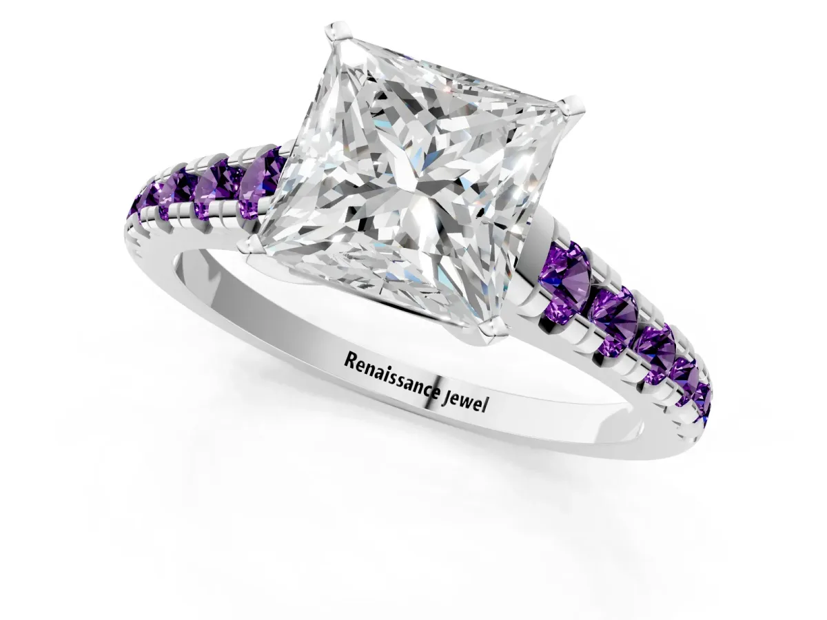 Princess Cut Diamond Cathedral Solitaire Ring with Round Amethyst Pavé Band Platinum