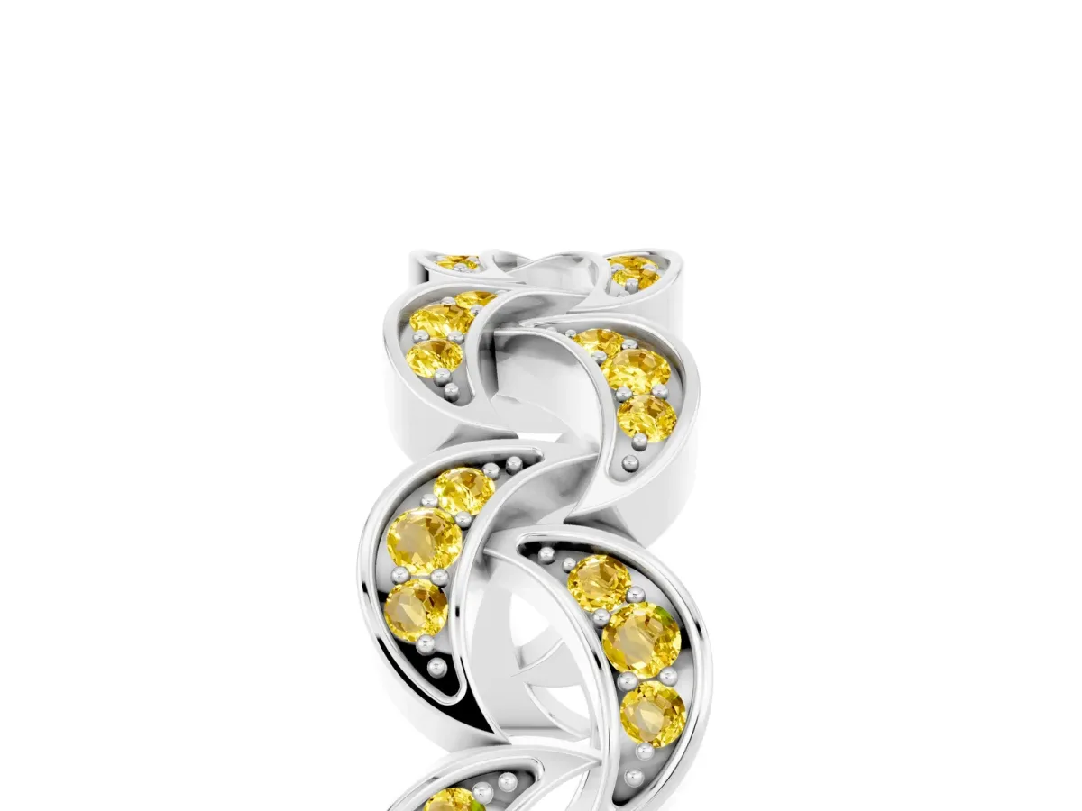 Pavé Round Yellow Sapphire Interlocking Eternity Band with Bezel Prong Setting White gold