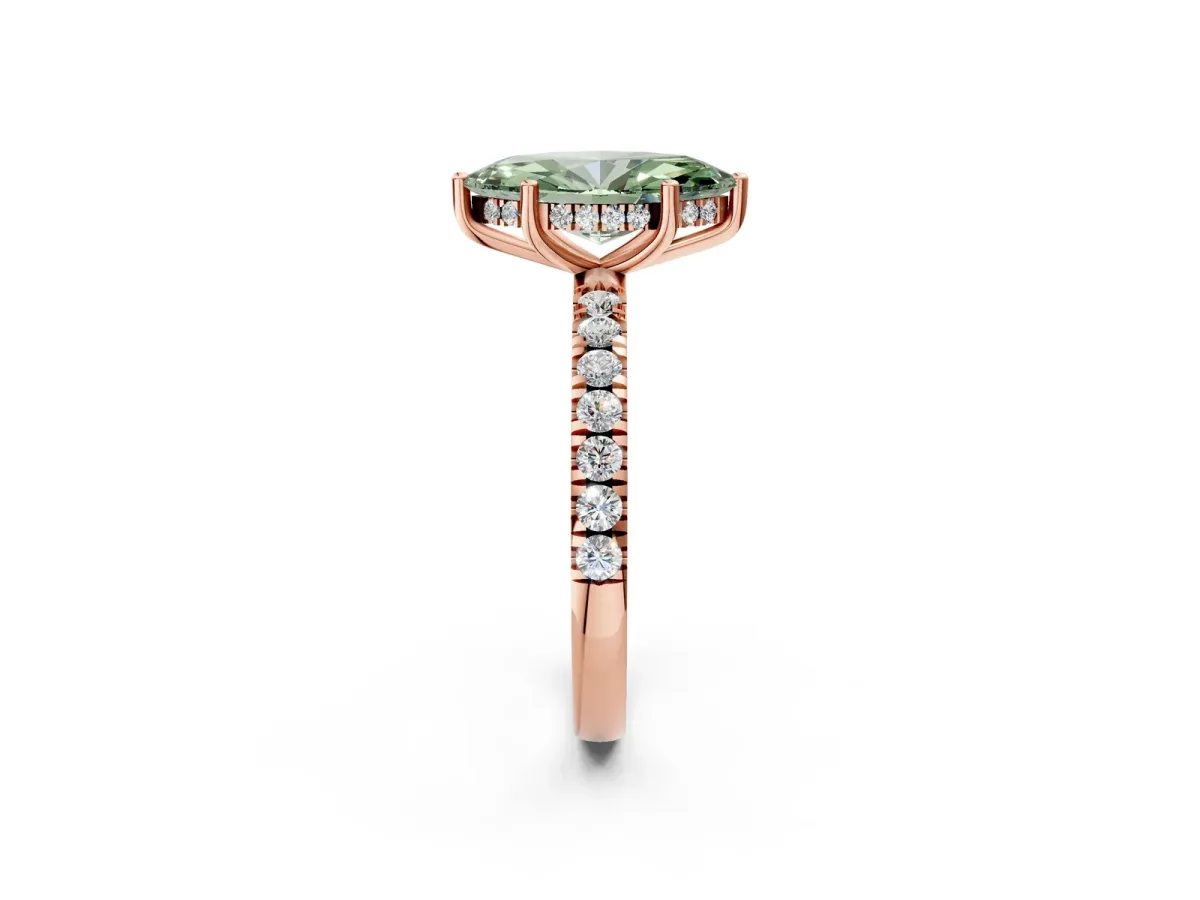 Fancy Green Marquise Cut Diamond Pave Band Solitaire Ring with Round and Prong Setting Rose gold