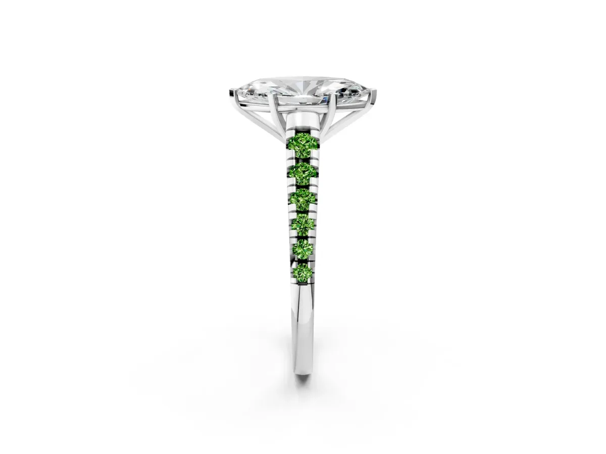 Marquise Cut Diamond Cathedral Solitaire Ring with Round Peridot Pavé Band Silver