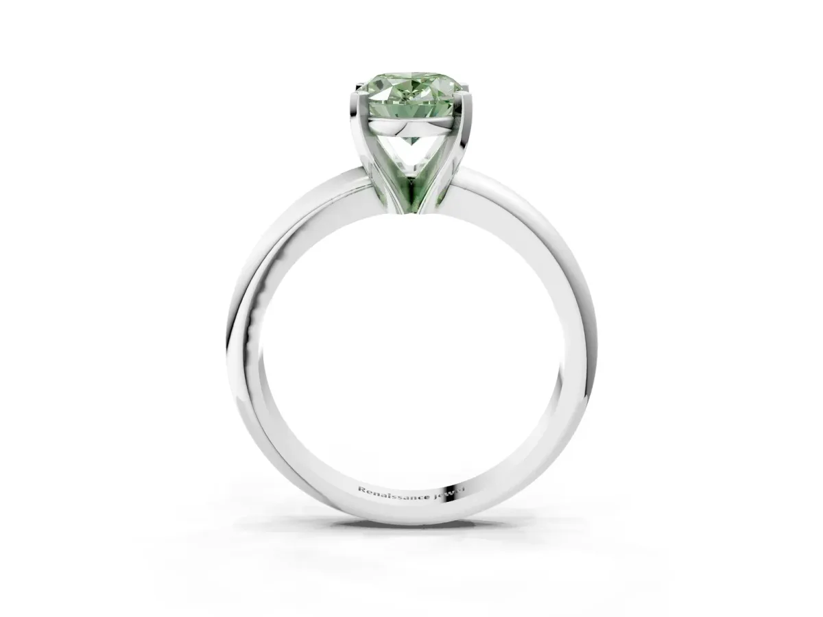 Fancy Green Oval Cut Diamond Solitaire Engagement Ring with Round Band and Four-Prong Setting Silver