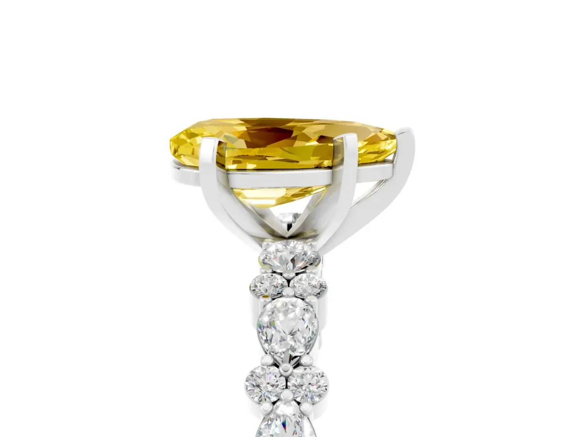 Pear Cut Yellow Sapphire Side Stone Solitaire Ring with Round and Four-Prong Setting Platinum