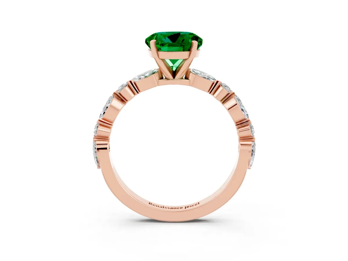 Round Cut Emerald Ring with Marquise and Round Side Stones and Four-Prong Setting Rose gold