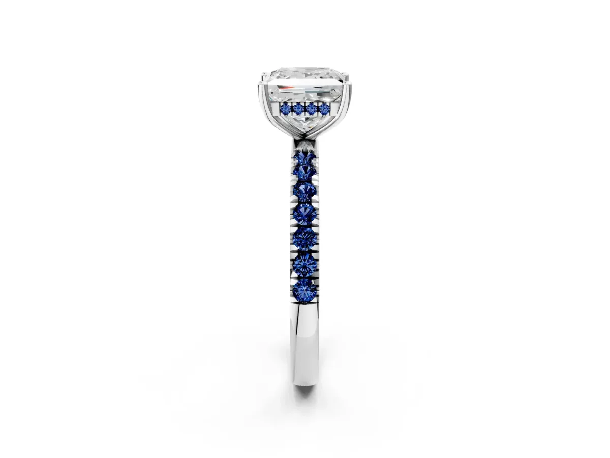 Princess Cut Diamond Pave Band Solitaire Ring with Round Blue Sapphire and Prong Setting Platinum