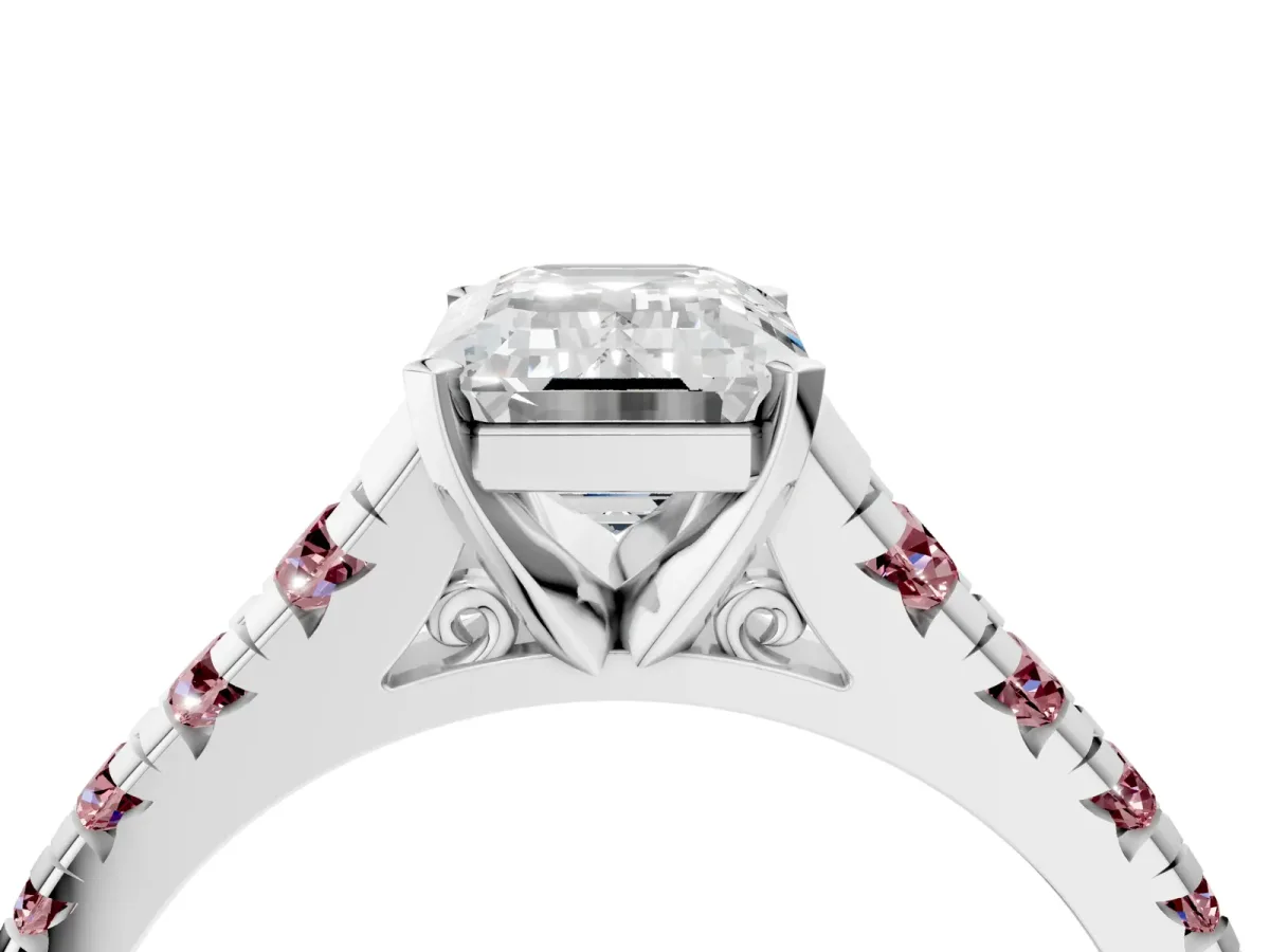 Emerald Cut Diamond Cathedral Solitaire Ring with Round Morganite Pavé Band Platinum