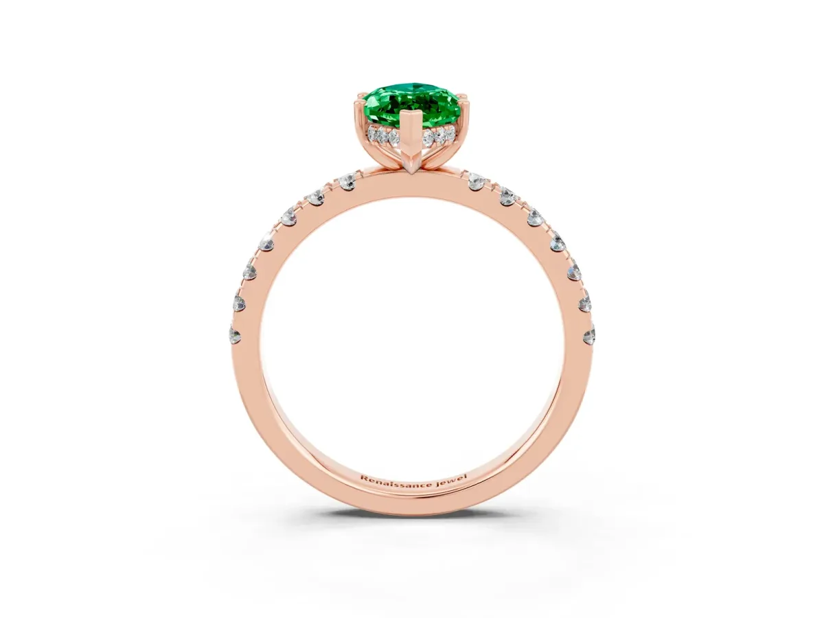 Marquise Cut Emerald Pave Band Solitaire Ring with Round and Prong Setting Rose gold
