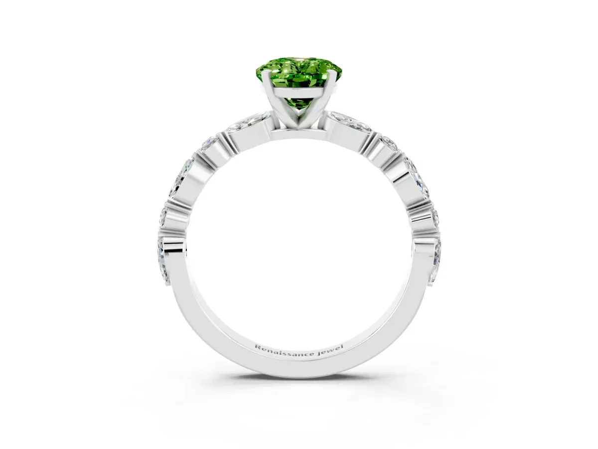 Oval Cut Peridot Ring with Marquise and Round Side Stones and Four-Prong Setting Silver
