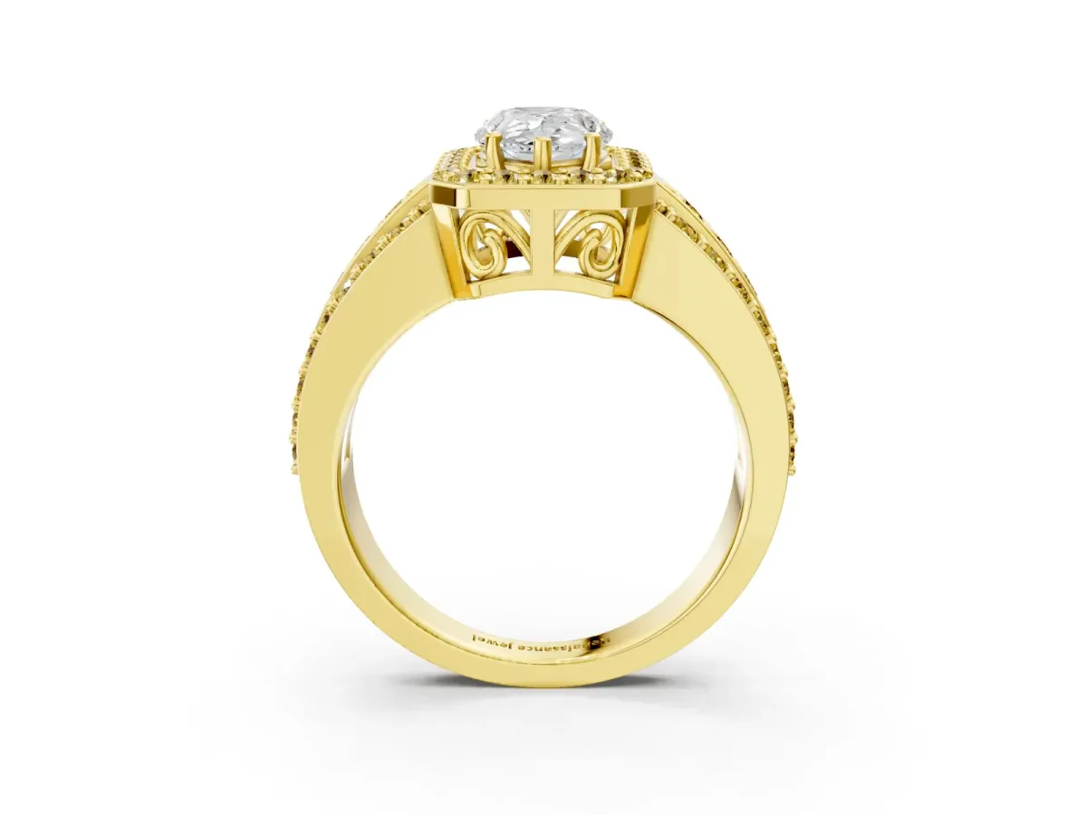 Pear Cut Halo Diamond Ring with Round Yellow Sapphire Split Shank and Prong Setting Yellow gold