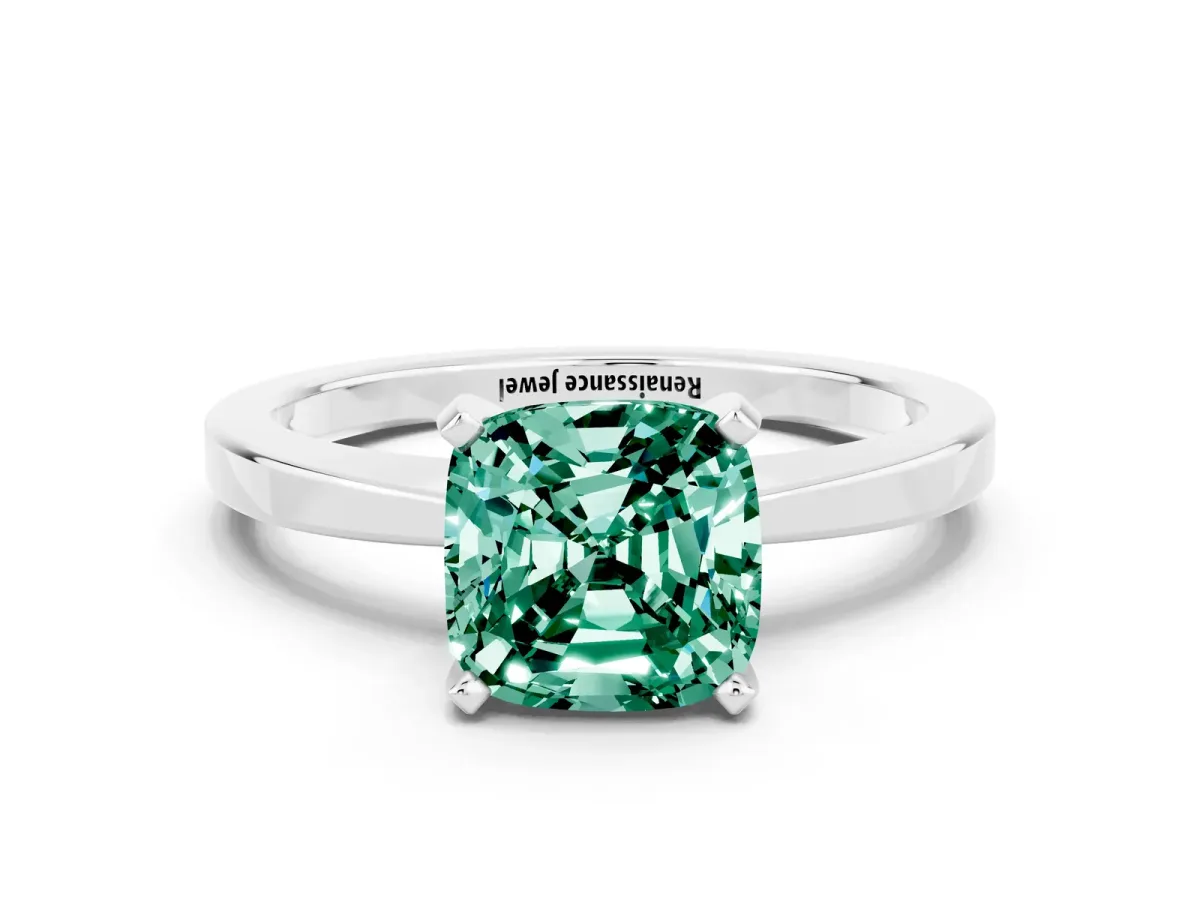 Cushion Cut Green Sapphire Solitaire Engagement Ring with Classic Band and Four-Prong Setting Silver