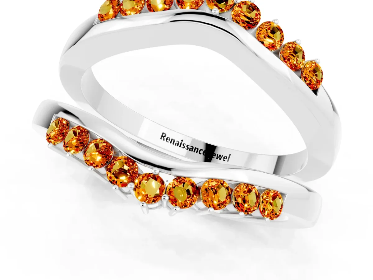 Round Citrine Chevron Contour Band with Prong Setting Platinum