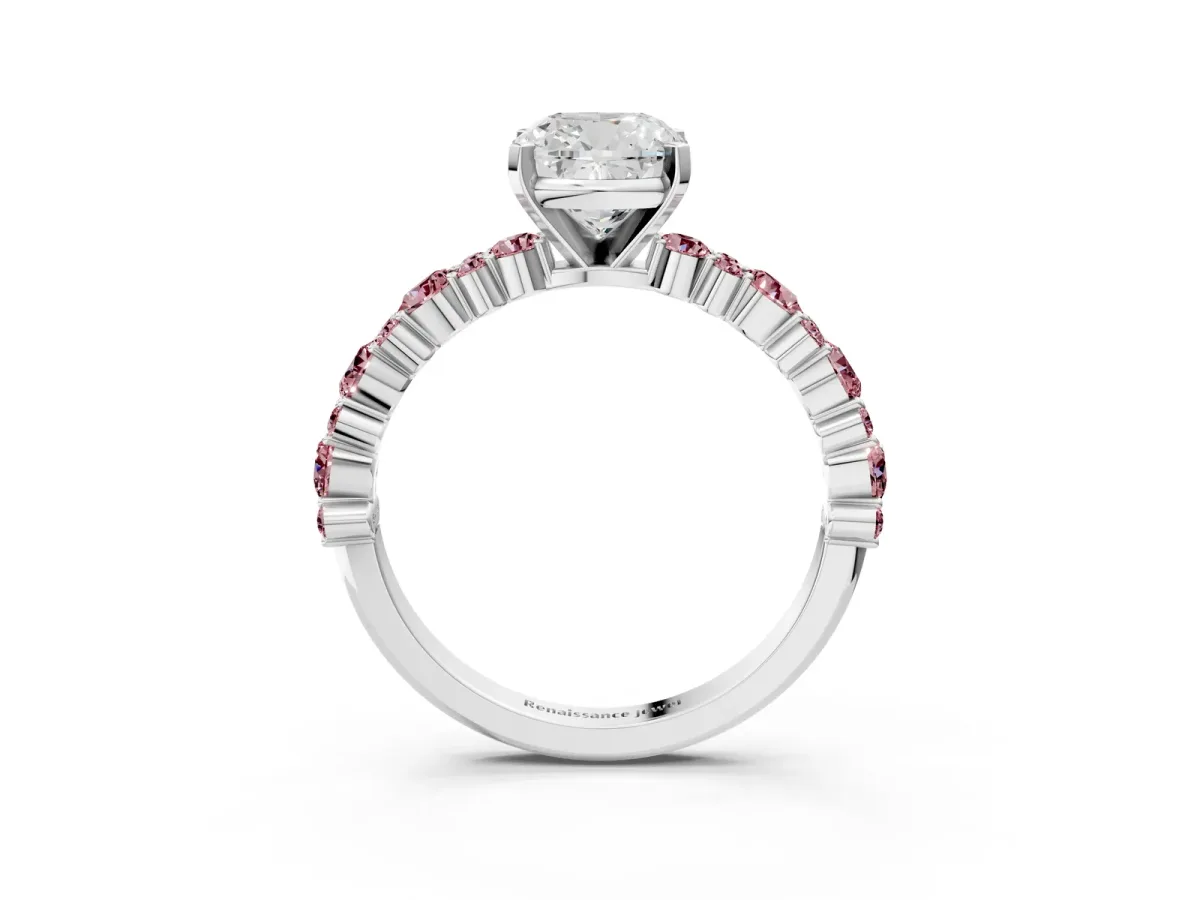 Cushion Cut Diamond Side Stone Solitaire Ring with Round Morganite and Four-Prong Setting Silver