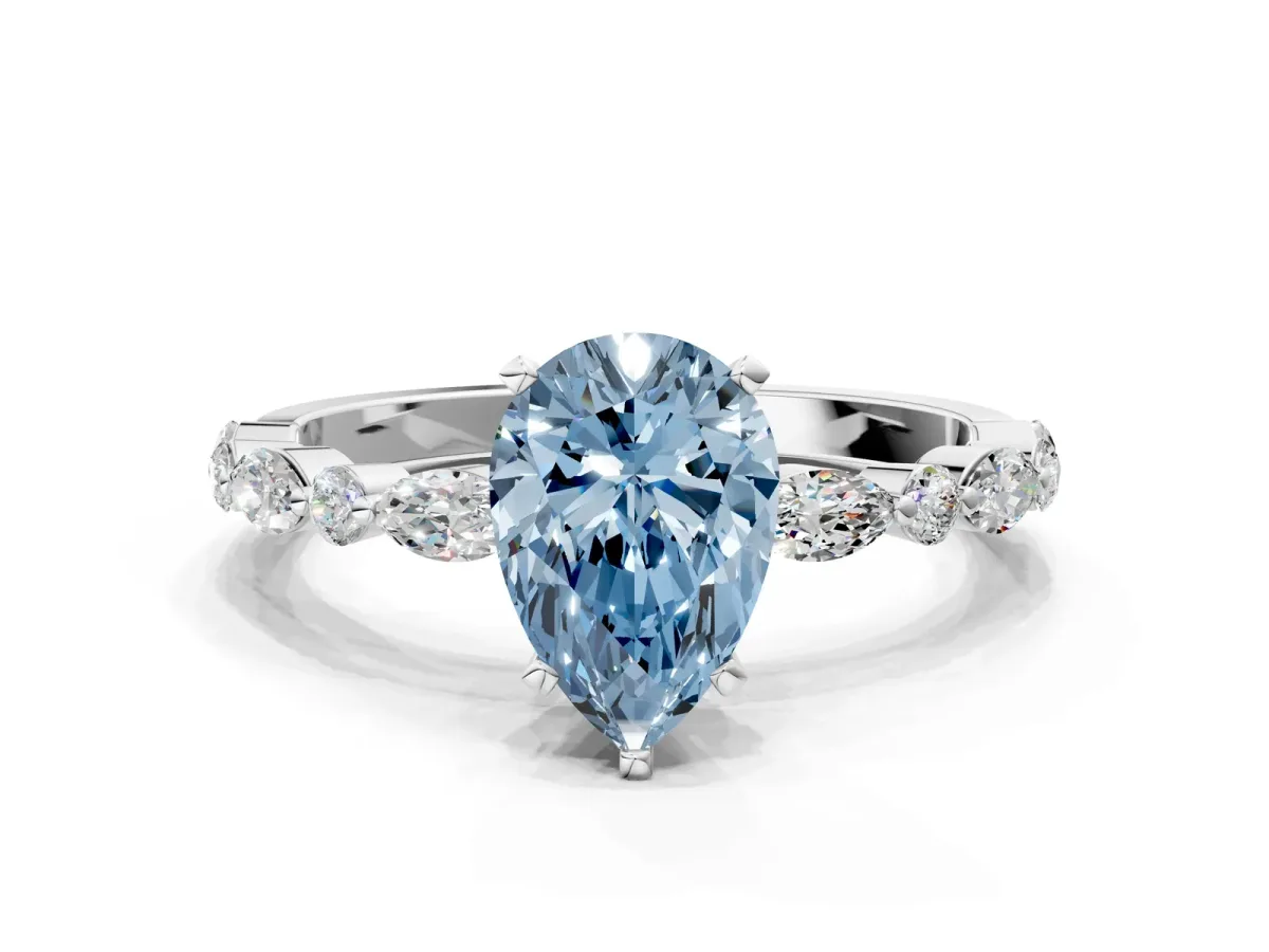 Fancy Blue Pear Cut Diamond Ring with Marquise and Round Side Stones and Four-Prong Setting Platinum