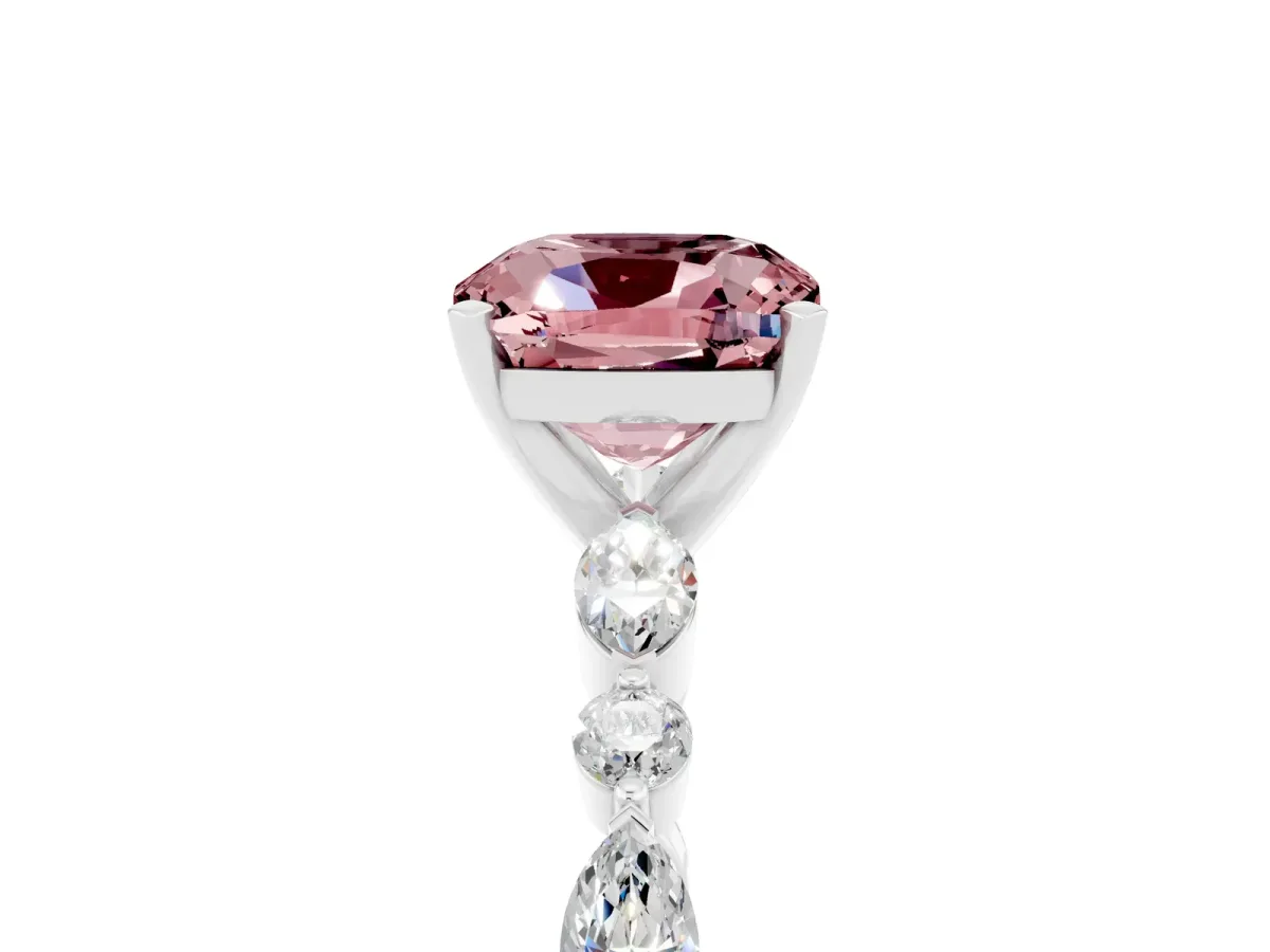 Cushion Cut Morganite Ring with Marquise and Round Side Stones and Four-Prong Setting Platinum