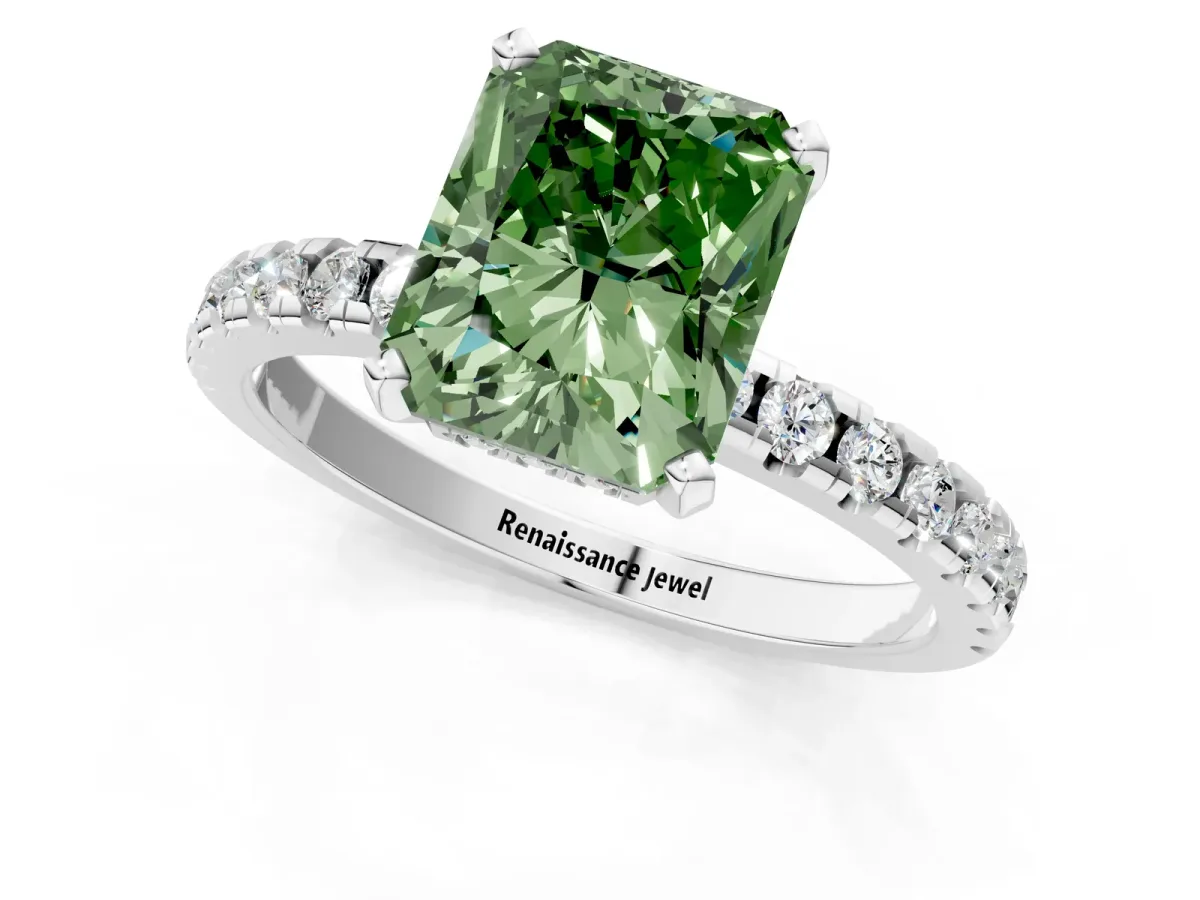 Fancy Green Radiant Cut Diamond Solitaire Ring with Round Pavé Band and Four-Prong Setting Silver