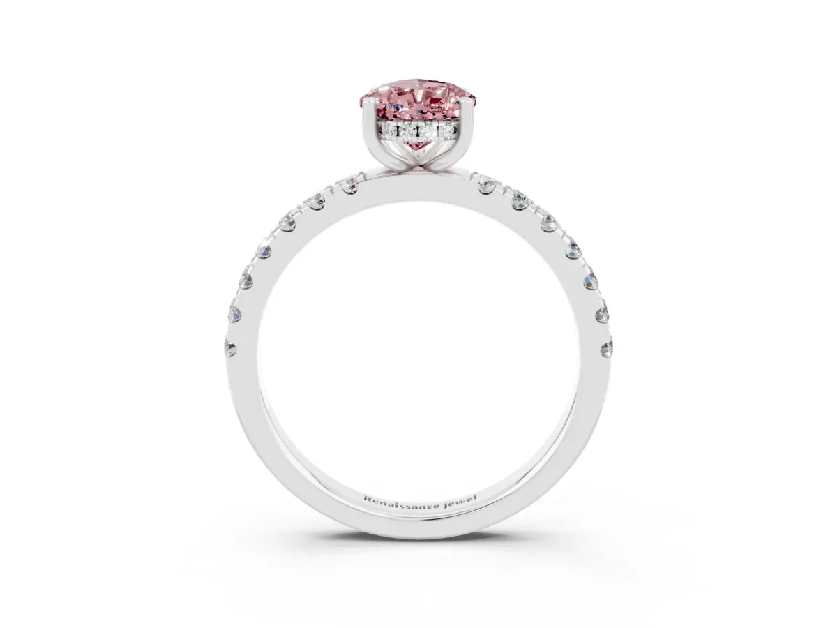 Pear Cut Morganite Pave Band Solitaire Ring with Round and Prong Setting Platinum