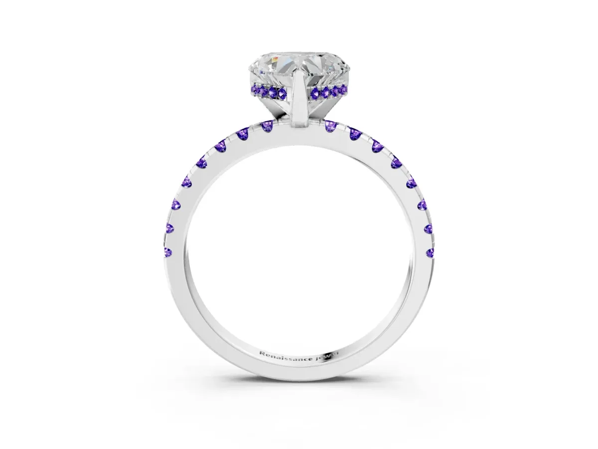 Heart Cut Diamond Solitaire Ring with Round Tanzanite Pavé Band and Four-Prong Setting Silver