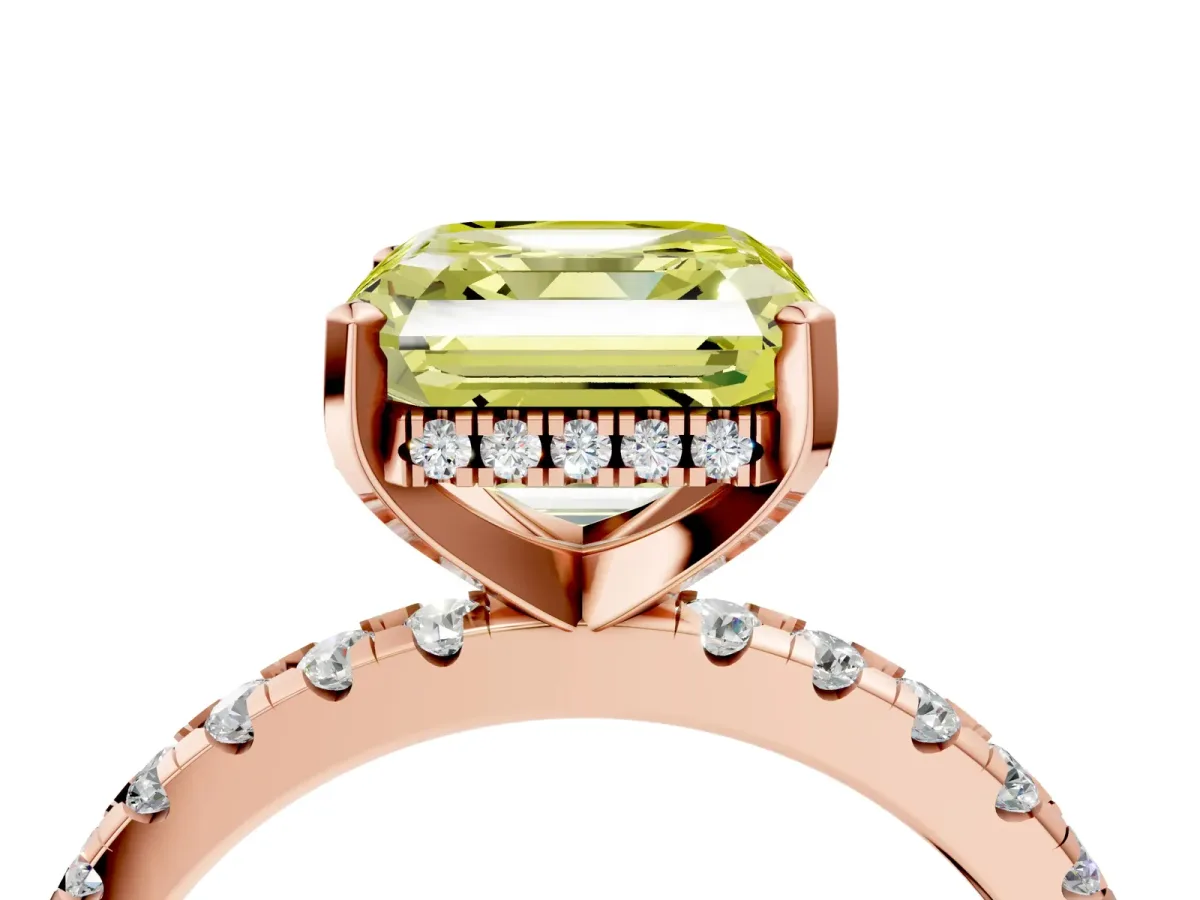 Fancy Yellow Asscher Cut Diamond Solitaire Ring with Round Pavé Band and Four-Prong Setting Rose gold