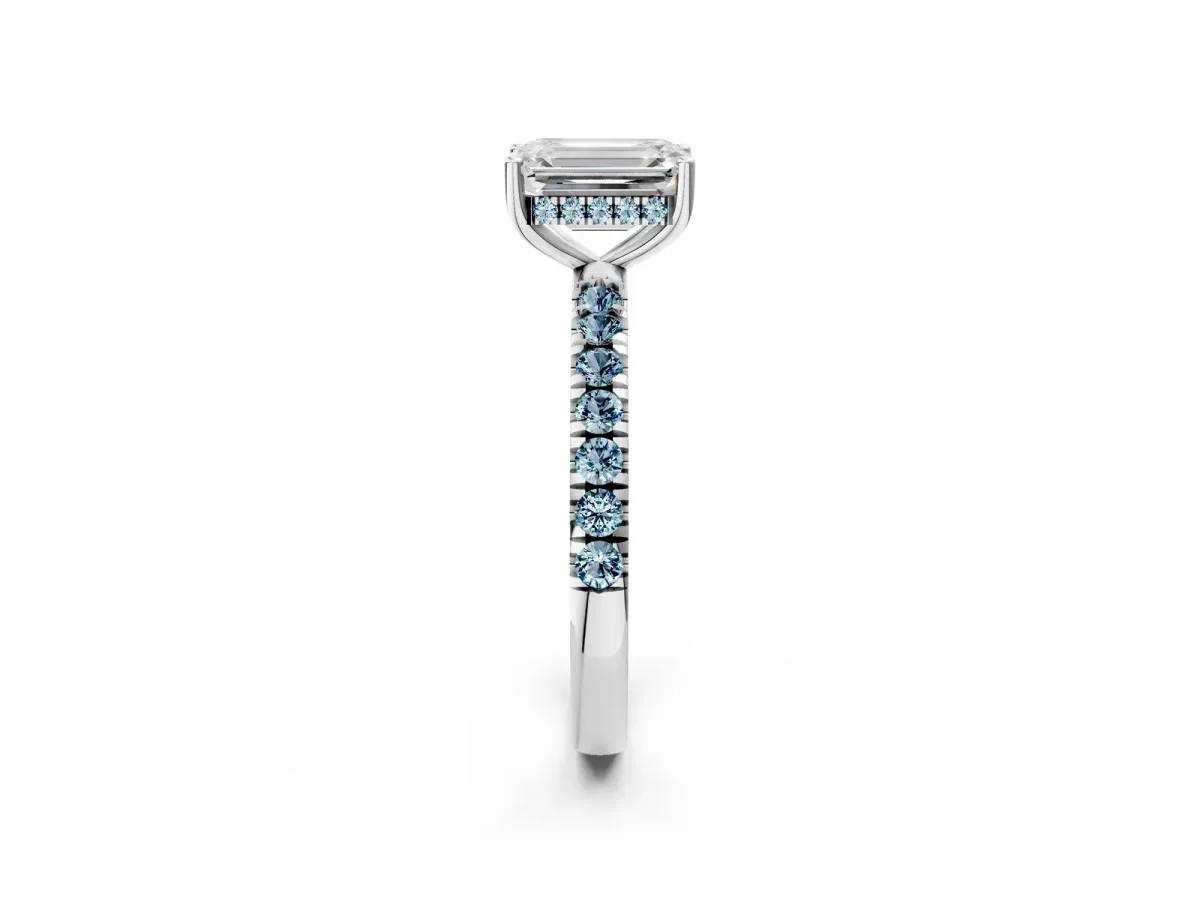 Emerald Cut Diamond Pave Band Solitaire Ring with Round Aquamarine and Prong Setting Silver