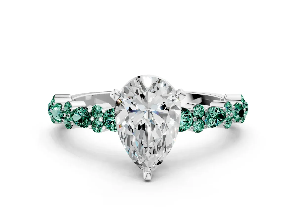 Pear Cut Diamond Side Stone Solitaire Ring with Round Green Sapphire and Four-Prong Setting Platinum