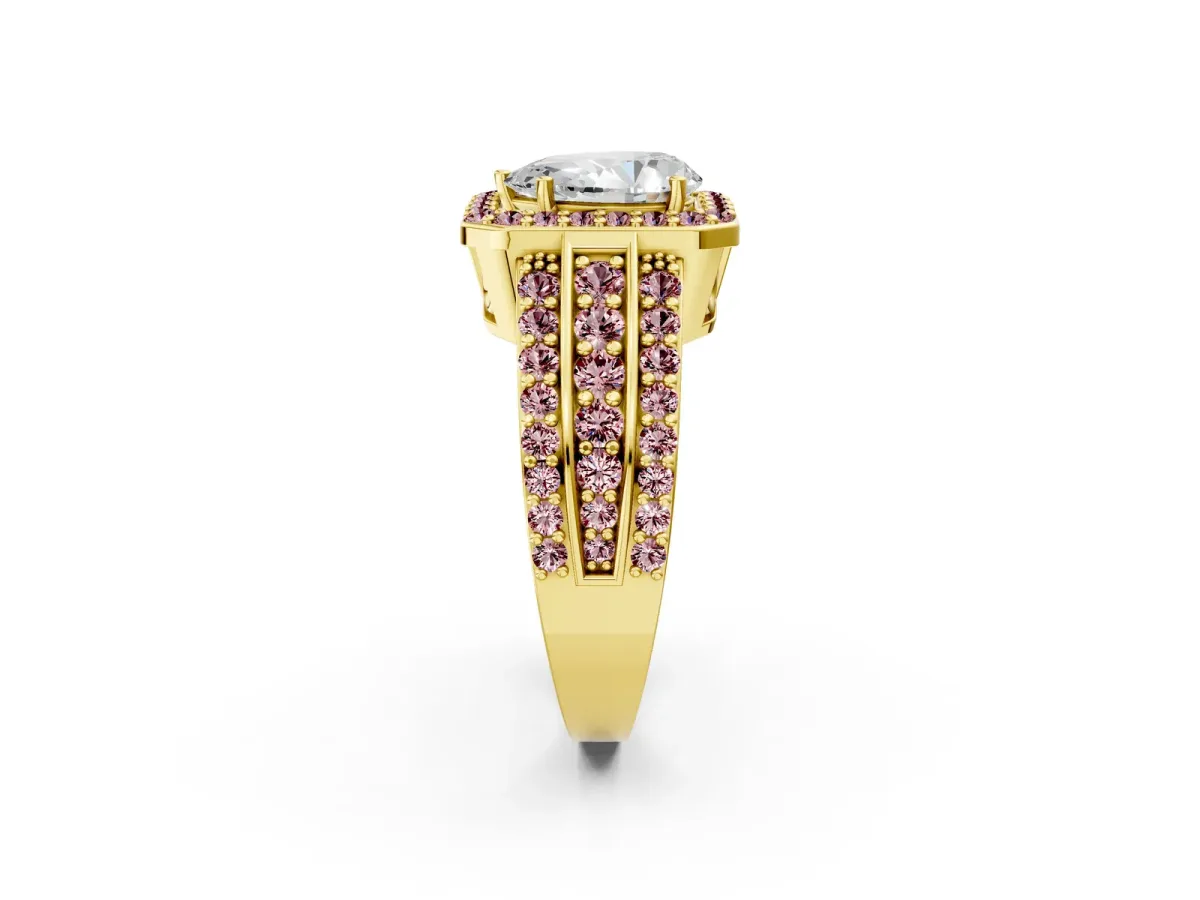 Pear Cut Halo Diamond Ring with Round Morganite Split Shank and Prong Setting Yellow gold