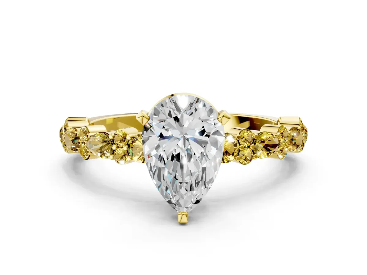 Pear Cut Diamond Side Stone Solitaire Ring with Round Yellow Sapphire and Four-Prong Setting Yellow gold