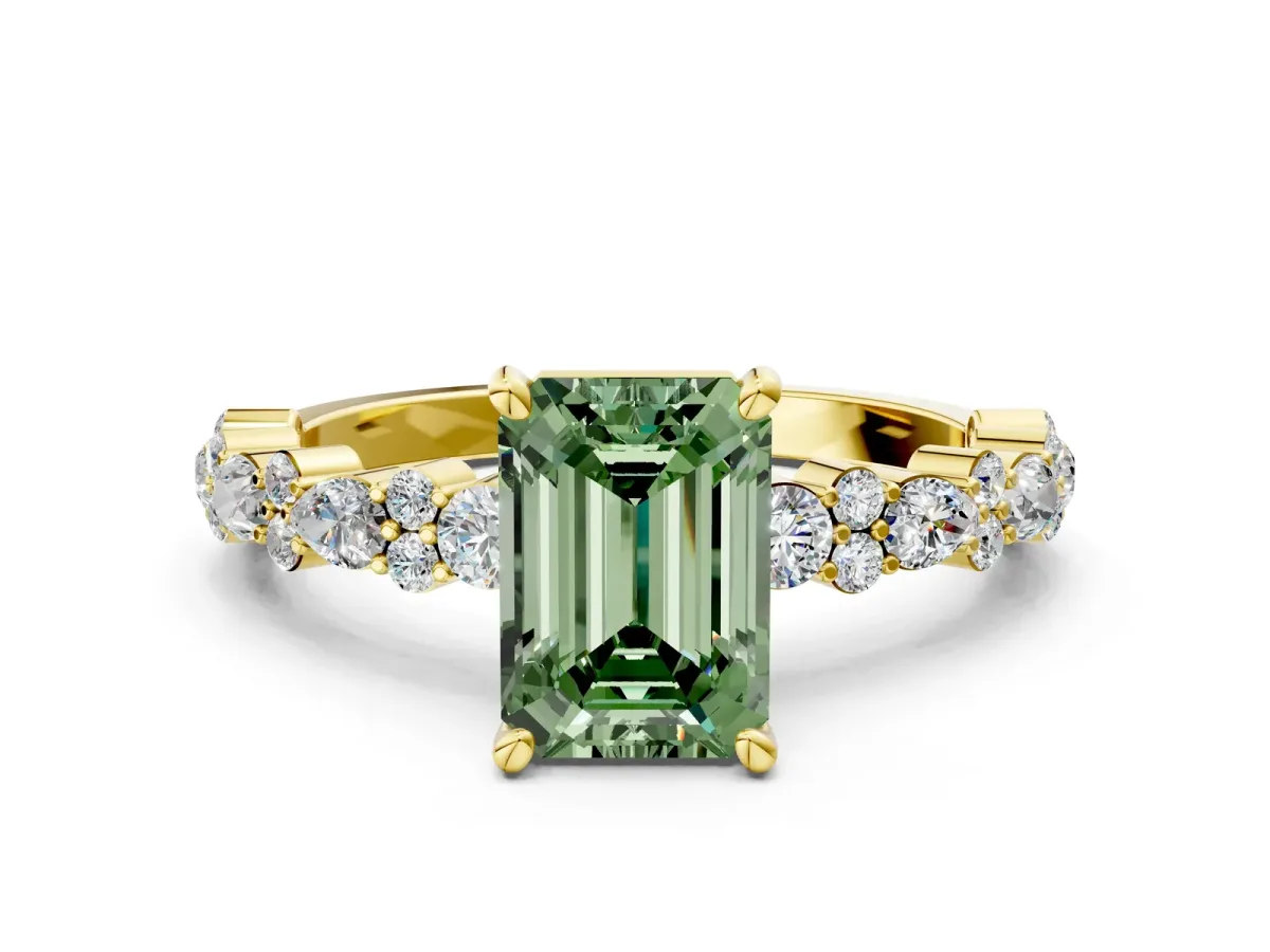 Fancy Green Emerald Cut Diamond Side Stone Solitaire Ring with Round and Four-Prong Setting Yellow gold