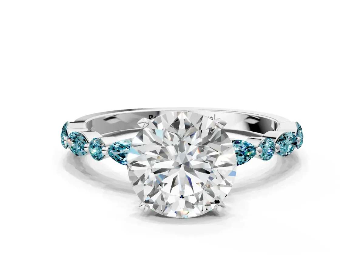 Round Cut Diamond Ring with Marquise and Round Blue Topaz Side Stones and Four-Prong Setting Silver