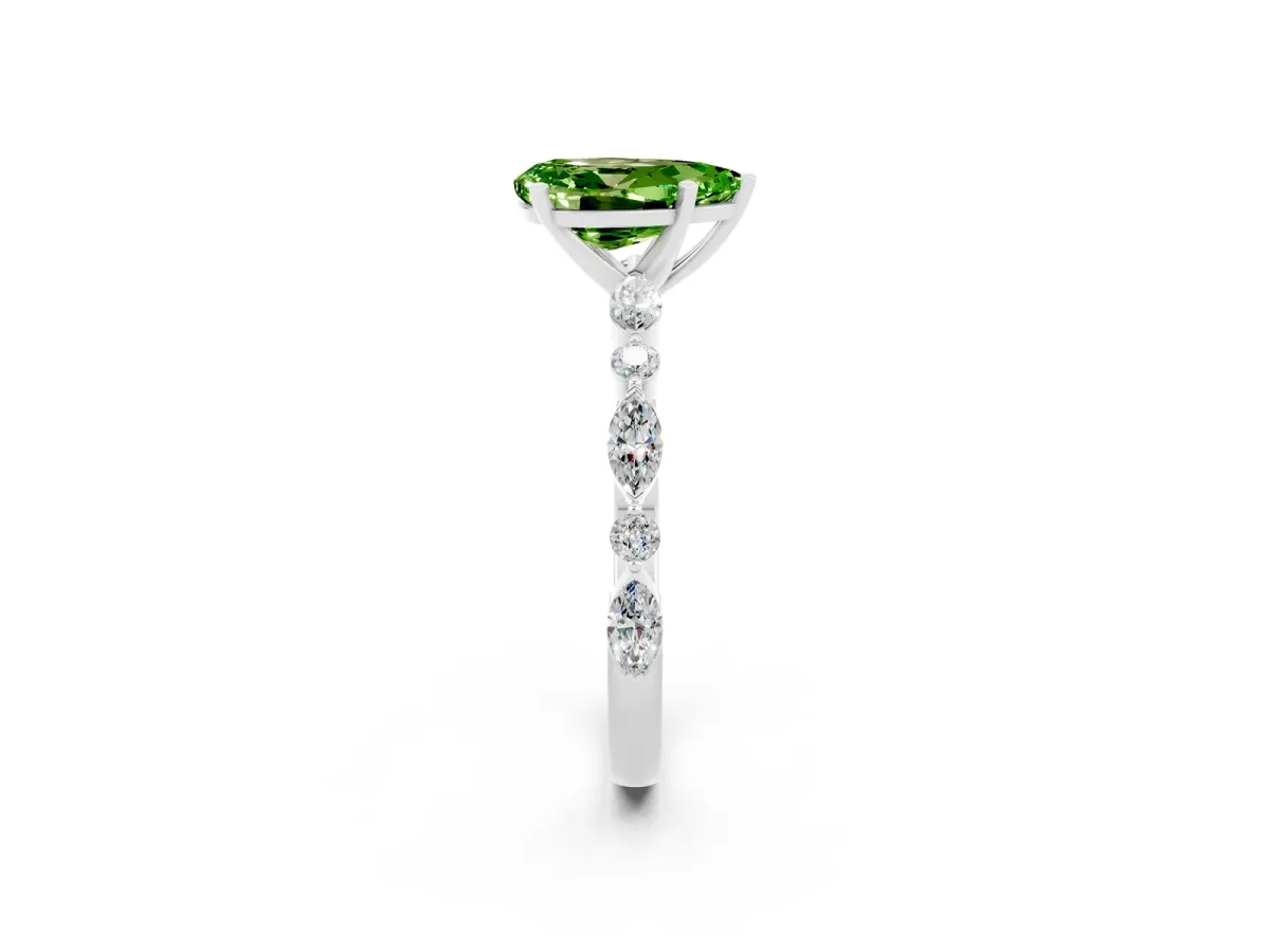 Pear Cut Peridot Ring with Marquise and Round Side Stones and Four-Prong Setting Silver