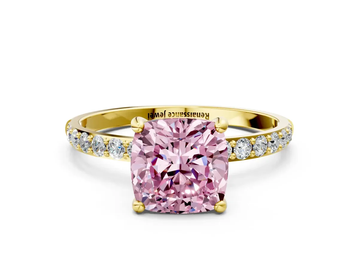 Fancy Pink Cushion Cut Diamond Solitaire Ring with Round Pavé Band and Prong Setting Yellow gold