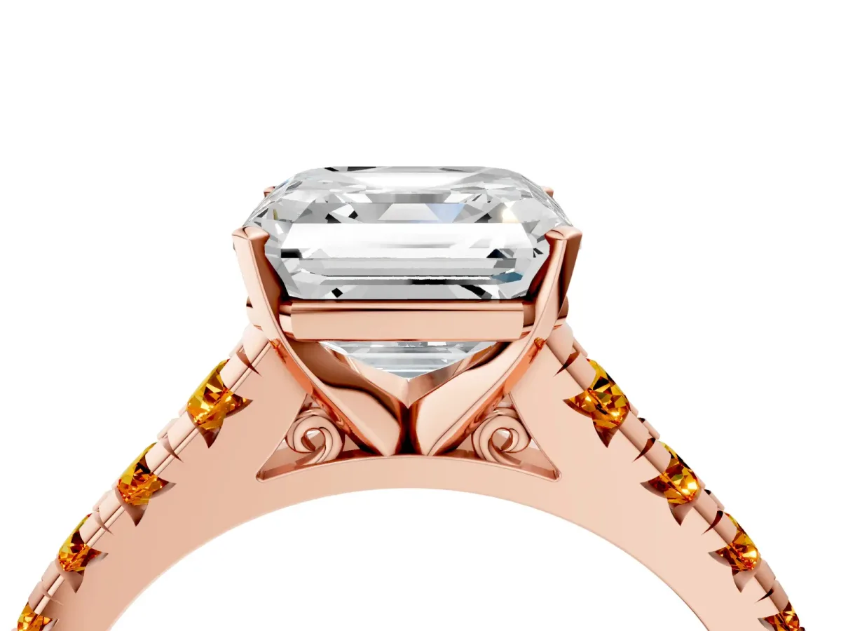 Asscher Cut Diamond Cathedral Solitaire Ring with Round Citrine Pavé Band Rose gold