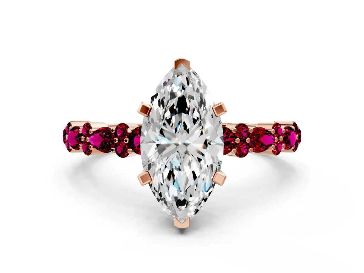 Marquise Cut Diamond Side Stone Solitaire Ring with Round Garnet and Four-Prong Setting Rose gold
