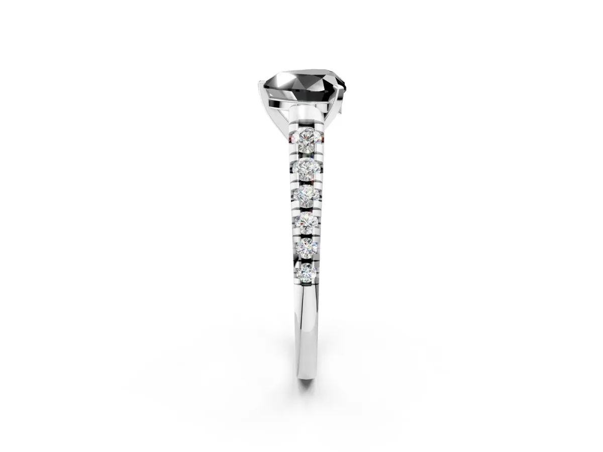Fancy Black Heart Cut Diamond Cathedral Solitaire Ring with Round Pavé Band Silver