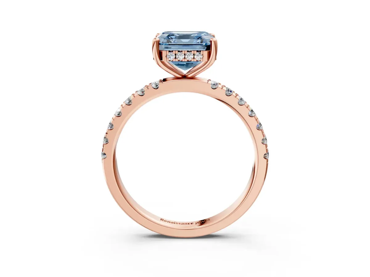 Fancy Blue Asscher Cut Diamond Pave Band Solitaire Ring with Round and Prong Setting Rose gold