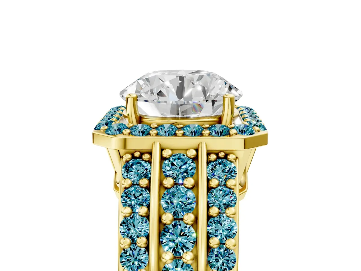 Round Cut Halo Diamond Ring with Round Blue Topaz Split Shank and Prong Setting Yellow gold