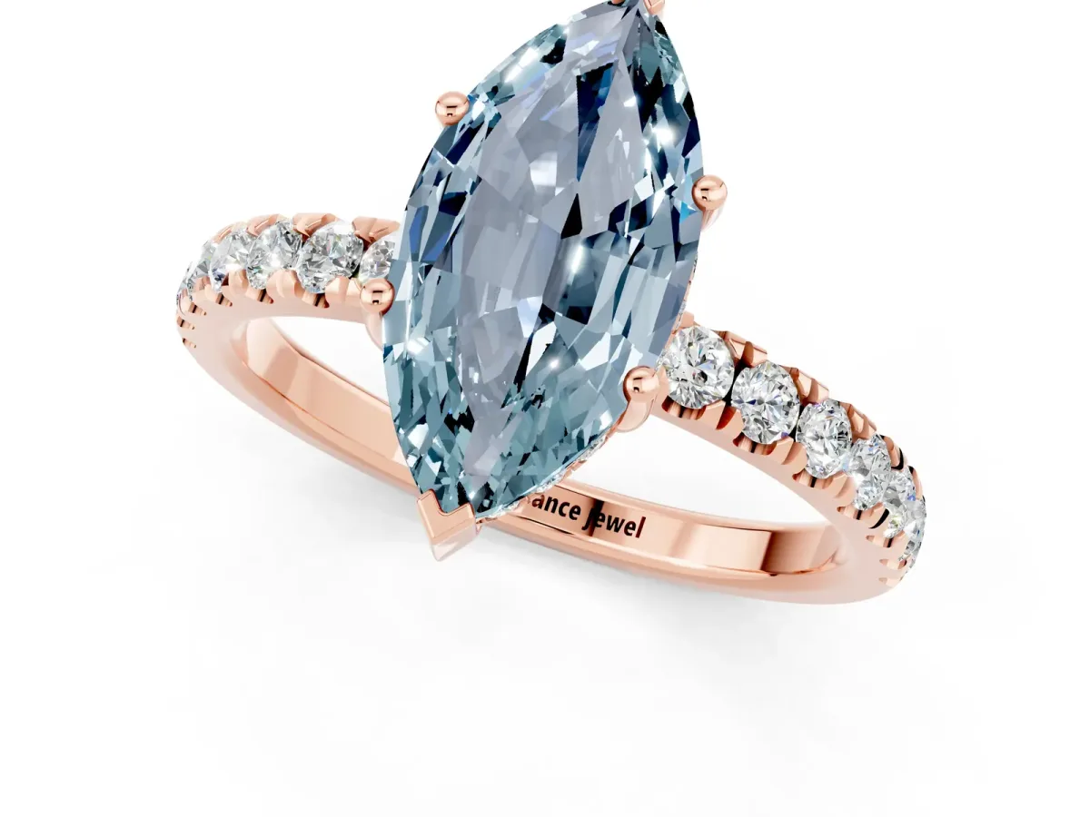 Marquise Cut Aquamarine Pave Band Solitaire Ring with Round and Prong Setting Rose gold