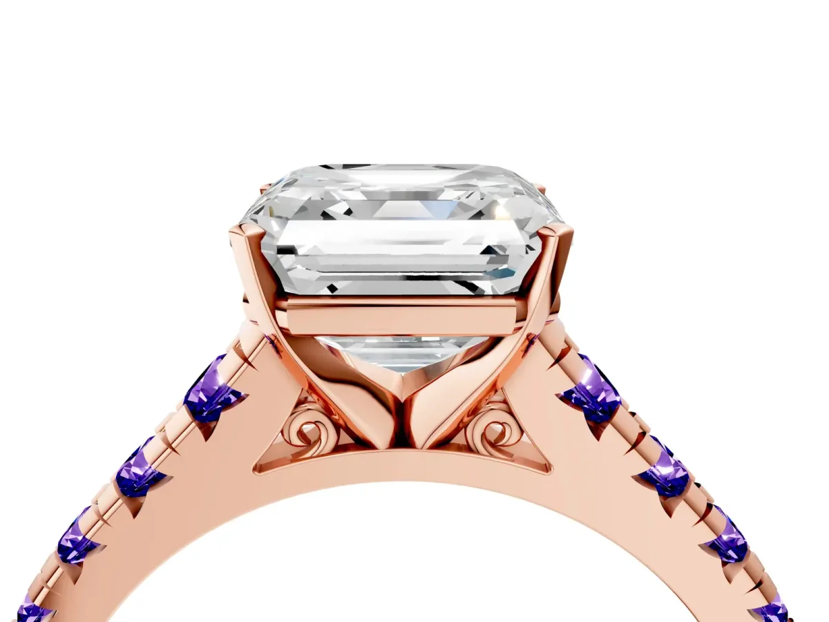 Asscher Cut Diamond Cathedral Solitaire Ring with Round Tanzanite Pavé Band Rose gold