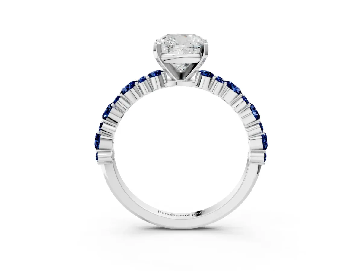 Cushion Cut Diamond Side Stone Solitaire Ring with Round Blue Sapphire and Four-Prong Setting Platinum