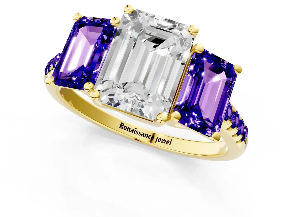 Three-Stone Emerald Cut Diamond Ring with Round Tanzanite Pavé Band and Prong Setting Yellow gold