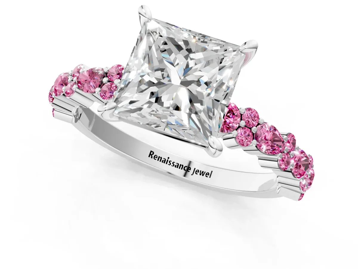 Princess Cut Diamond Side Stone Solitaire Ring with Round Pink Sapphire and Four-Prong Setting Platinum