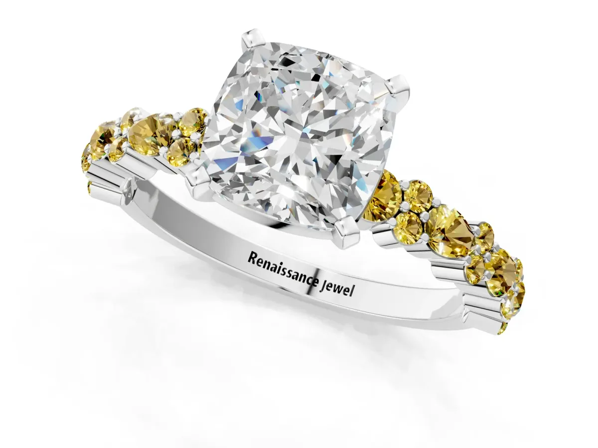 Cushion Cut Diamond Side Stone Solitaire Ring with Round Yellow Sapphire and Four-Prong Setting Platinum