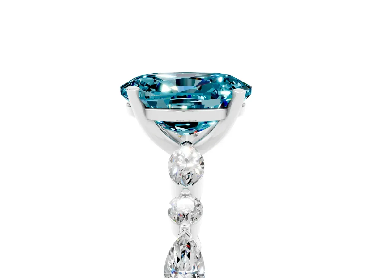Oval Cut Blue Topaz Ring with Marquise and Round Side Stones and Four-Prong Setting Silver