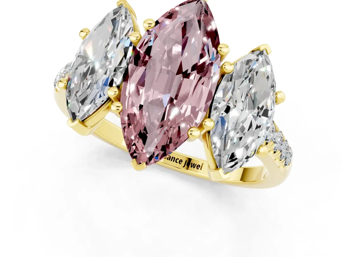 Three-Stone Marquise Cut Morganite Ring with Round Pavé Band and Prong Setting Yellow gold