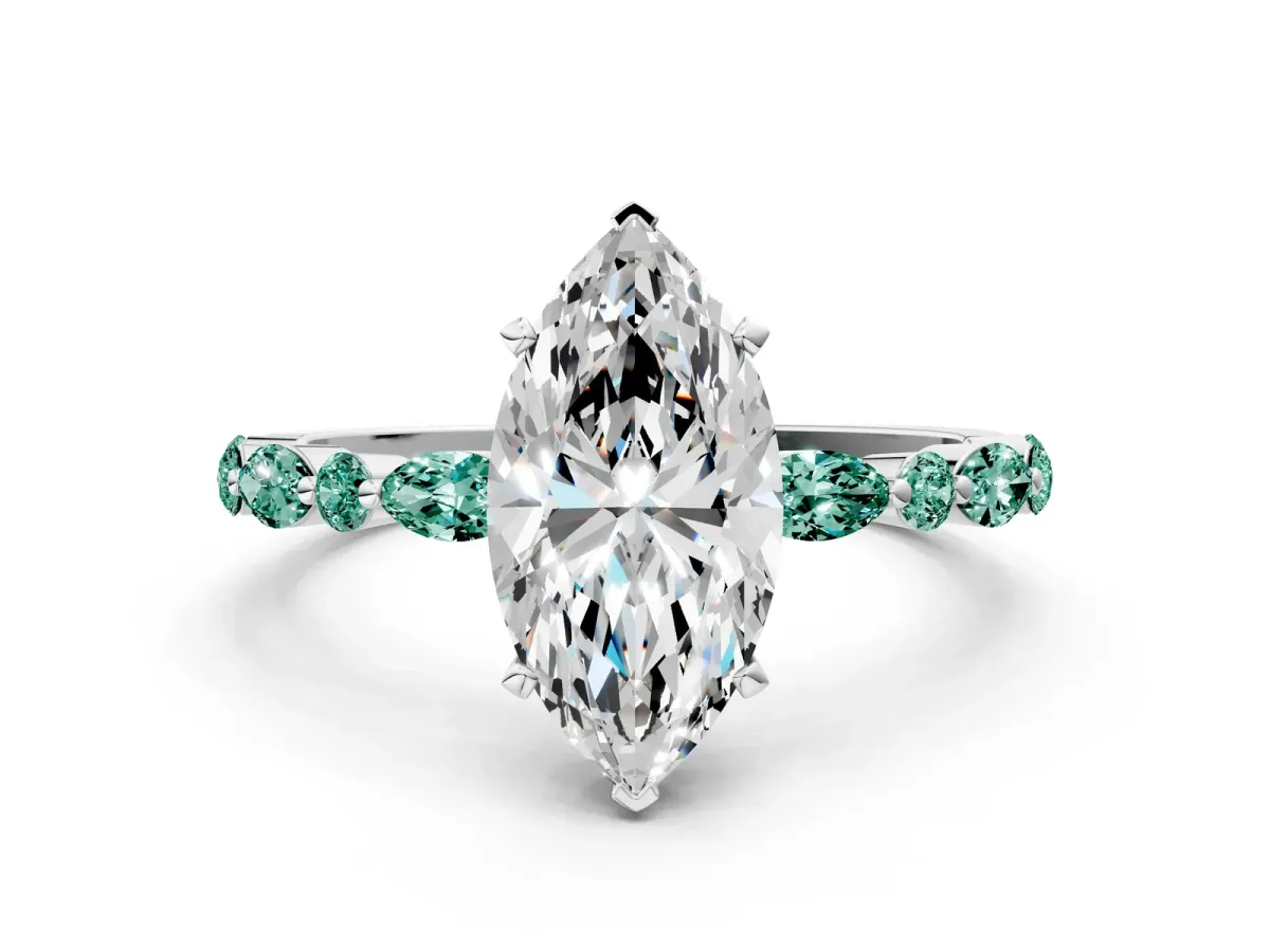 Marquise Cut Diamond Ring with Marquise and Round Green Sapphire Side Stones and Four-Prong Setting Silver