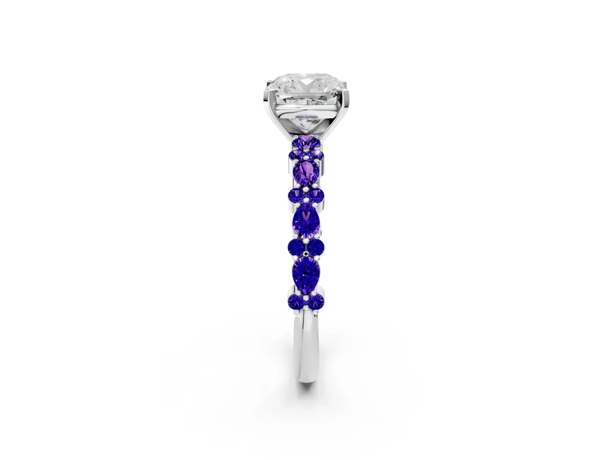 Cushion Cut Diamond Side Stone Solitaire Ring with Round Tanzanite and Four-Prong Setting White gold